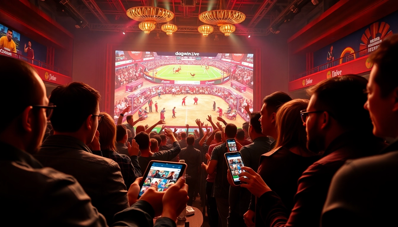 Dramatic live chicken fighting event at dagawin.live, capturing excited bettors in a modern casino.