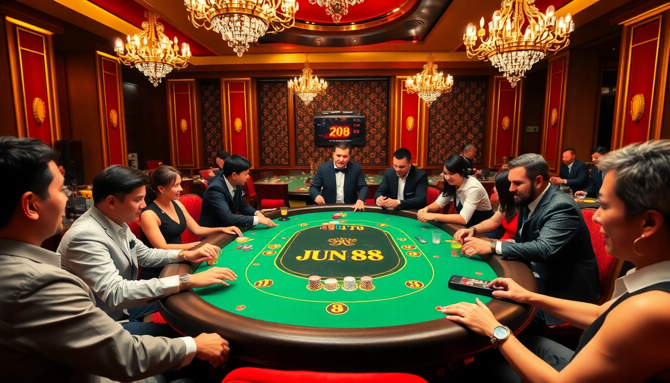 Players enjoying a vibrant poker game at the Jun 88 casino table, showcasing excitement and elegance.