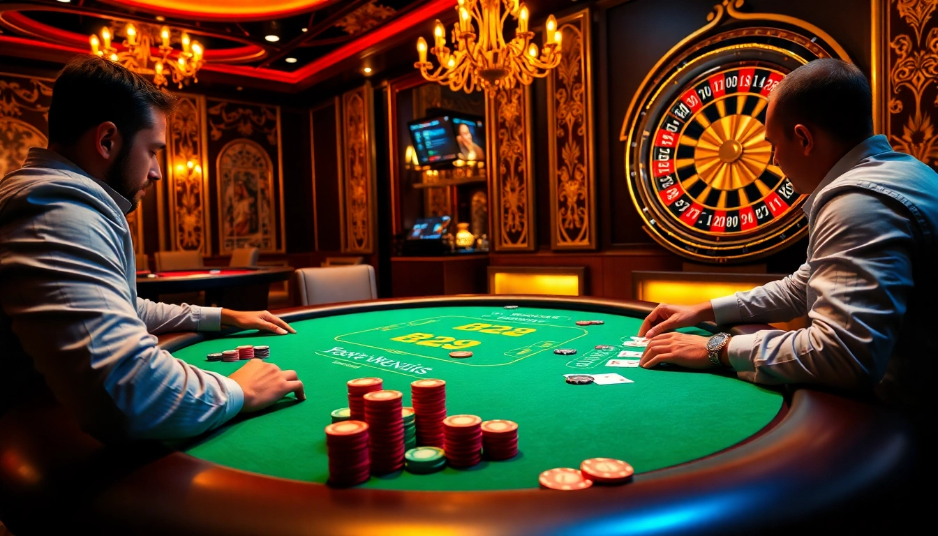 B29 branded poker table with players immersed in action, showcasing vibrant casino energy.
