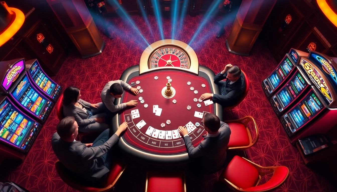 Engaged players enjoying a thrilling atmosphere at 32win casino tables with poker chips and cards.