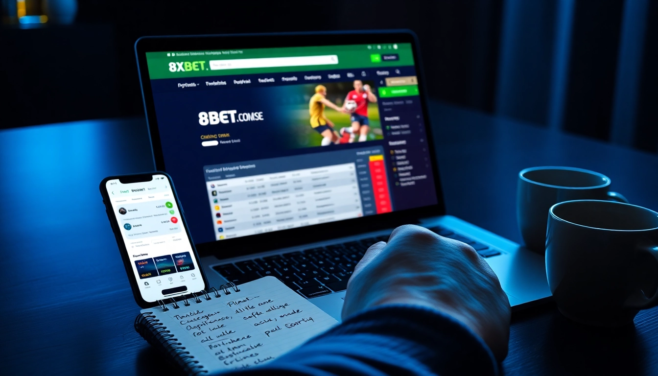Engaged user on 8xbet.com.se, showcasing online betting excitement and multiple devices.