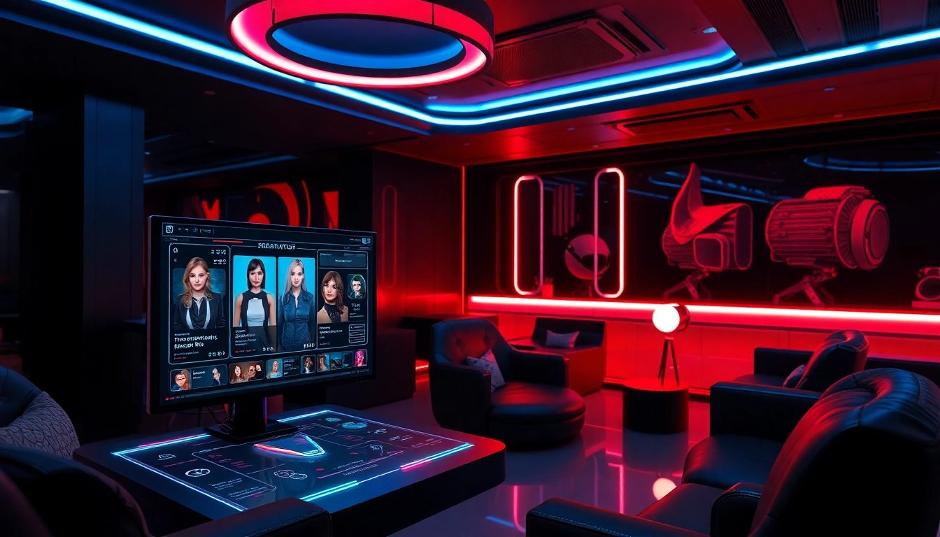 Engaging nsfw chat bot scene with modern lounge and interactive AI characters.