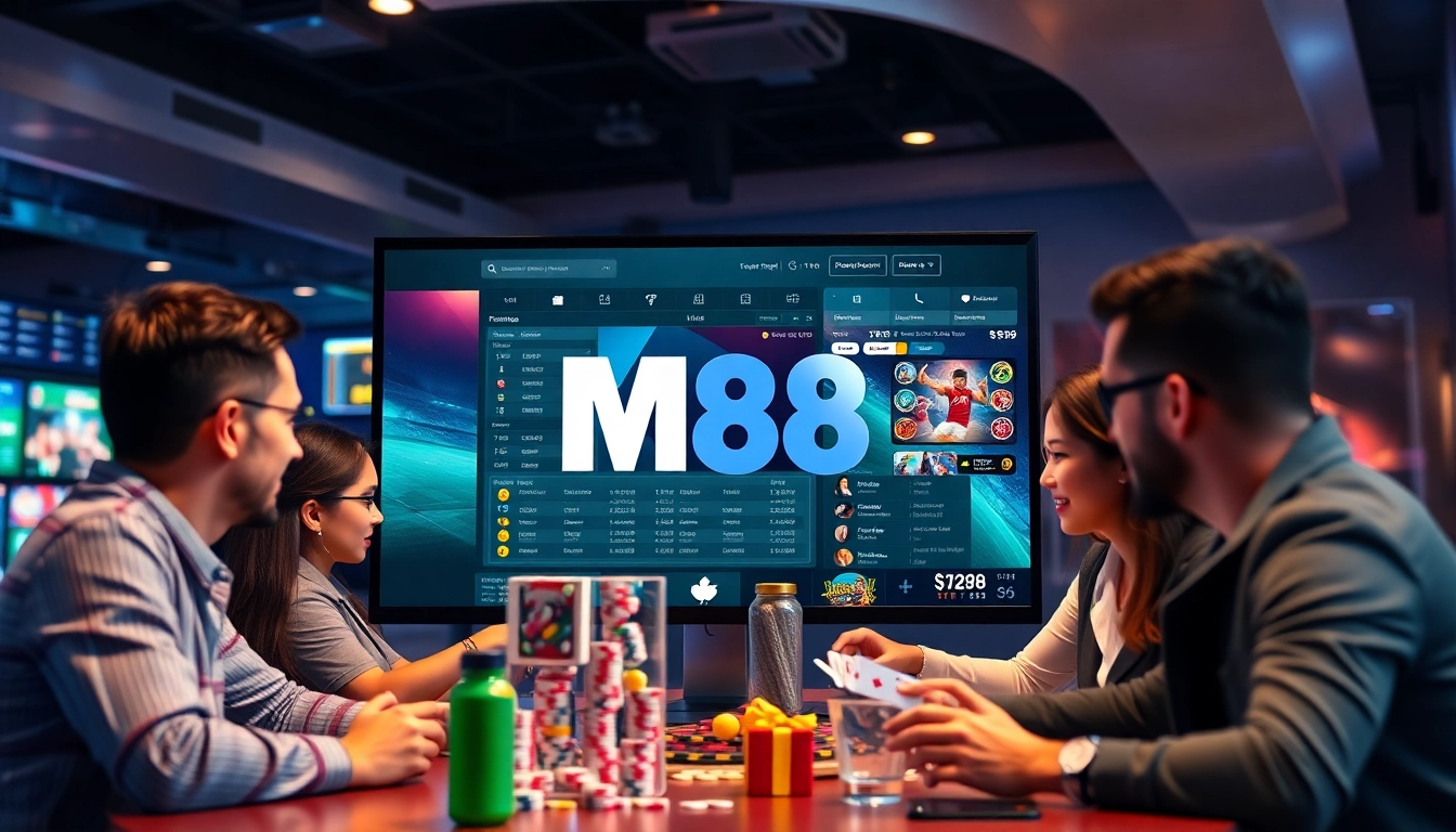 Engaging online betting experience at m88.com.mx with diverse players and vibrant game illustrations.