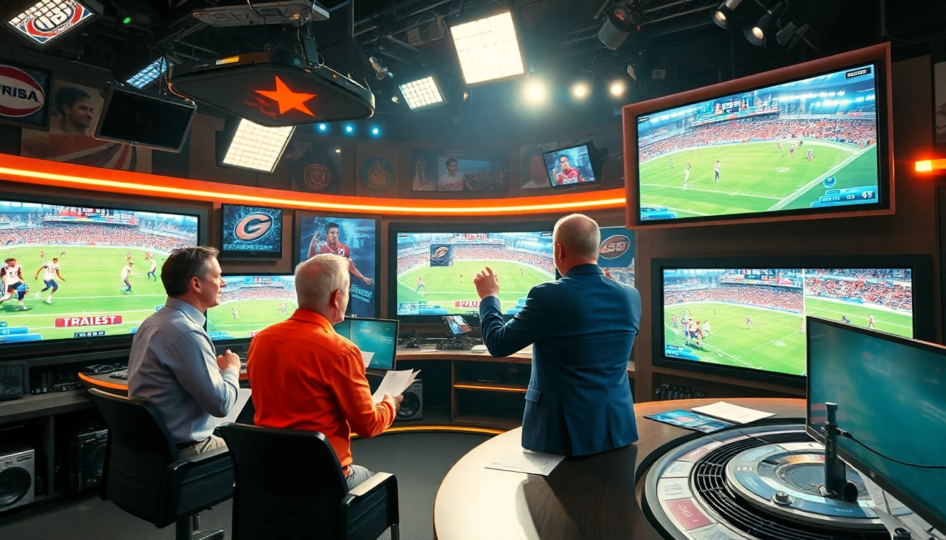 Sports Broadcasting hosts engaging in a lively studio environment with dynamic screens.