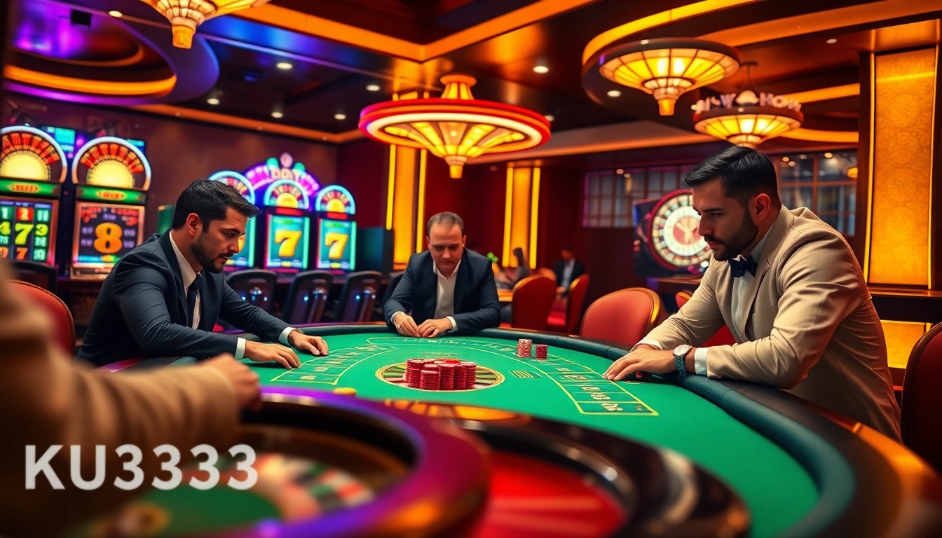 Giao lưu với Ku3933 tại một cảnh casino sống động, với màn chơi poker căng thẳng và máy đánh bạc sáng đèn.