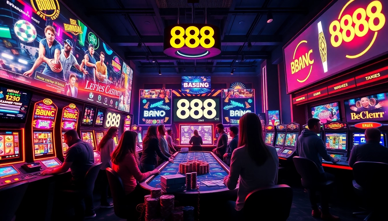 Experience the dynamic gaming atmosphere at 888b.rodeo with players interacting with cutting-edge technology and vibrant casino games.