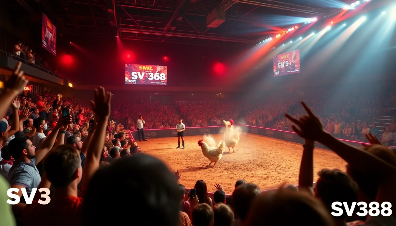 Live cockfighting event at SV368, showcasing thrilling matches and enthusiastic spectators.