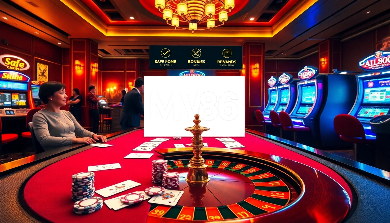 Experience the thrill of betting at MV88.com with vibrant casino visuals featuring poker chips and roulette.