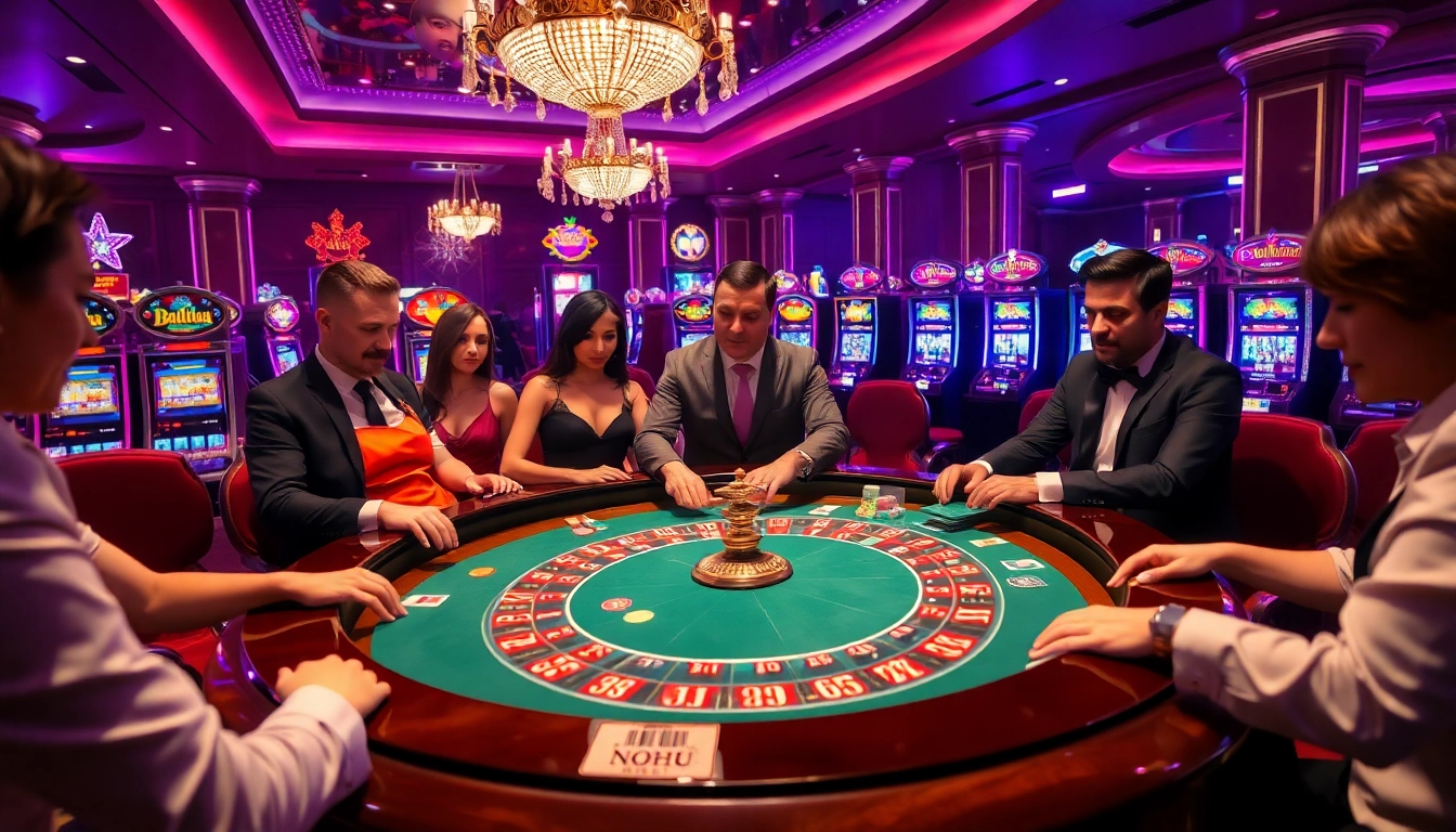 Players engage in high-stakes roulette at a luxury casino showcasing nohu excitement.