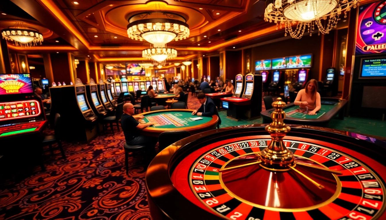Experience the excitement of z8kbet.com with lively casino gaming scenes featuring vibrant tables and slot machines.
