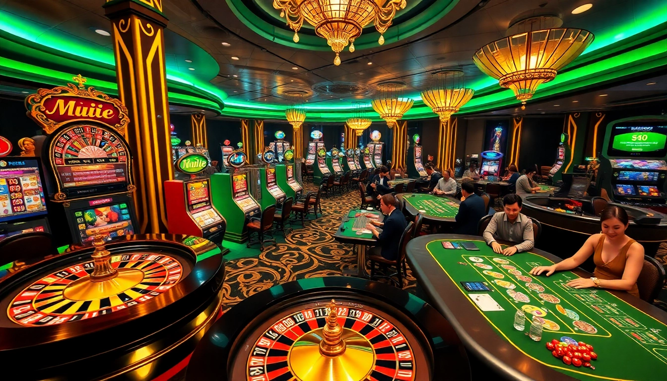 Experience the vibrant energy of nk88 com with players enjoying poker and slot machines in a luxurious casino setting.
