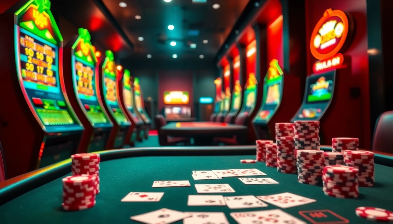 Experience a thrilling game at uu88 casino with vibrant slot machines and poker action.