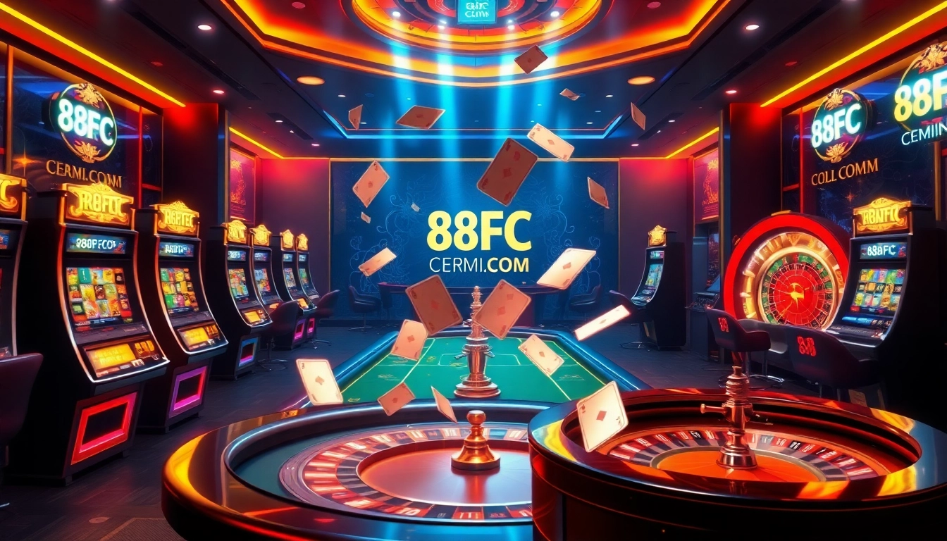 Exciting casino experience featuring 88FC.COM slot machines and poker games in a luxurious setting.