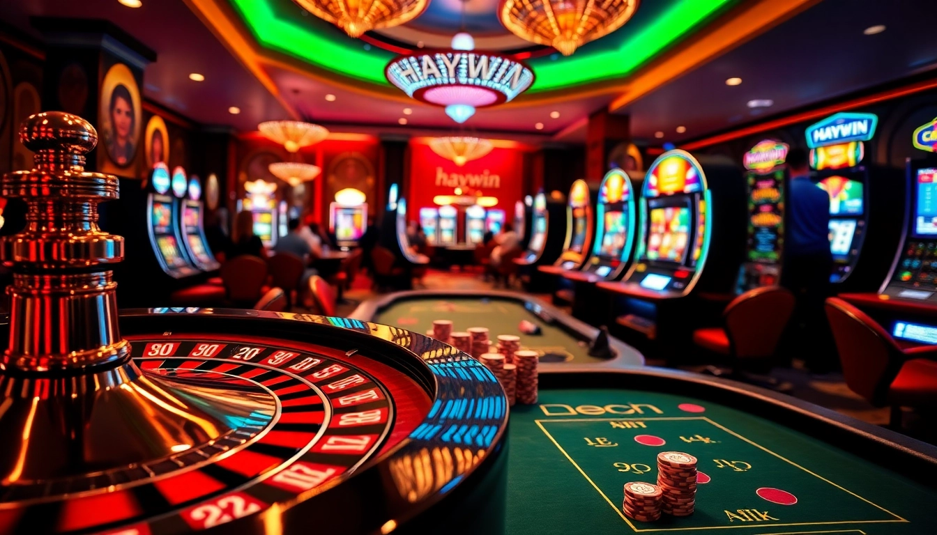 Haywin casino scene featuring vibrant tables, chips, and slot machines filled with excitement.