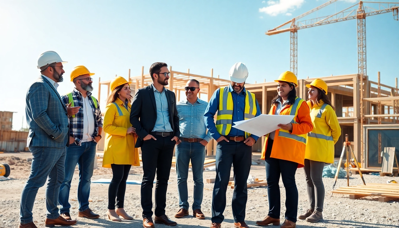 Construction member organization team collaborating on-site with blueprints and tools.