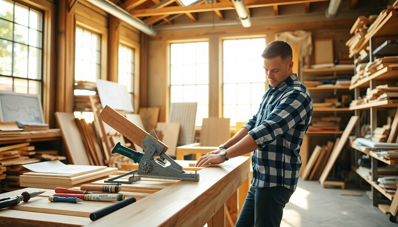 Skilled carpenter engaged in carpentry apprenticeship, expertly crafting wooden frames in a bright workshop.