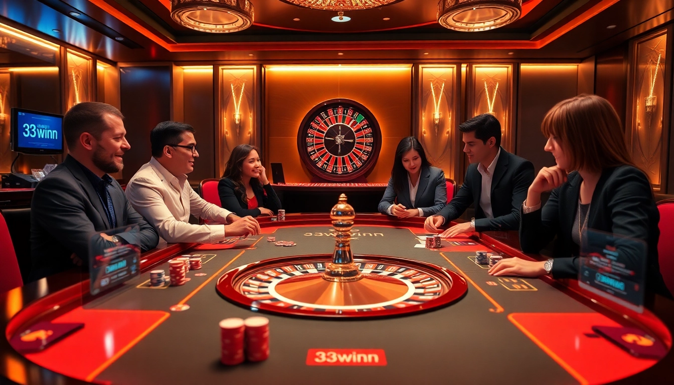 Gamblers enjoying a dynamic casino game at 33winn, featuring poker chips and an illuminated roulette wheel.