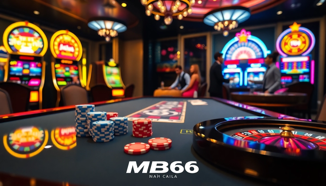Experience high-stakes poker excitement at Nhà cái MB66 with vibrant casino visuals.