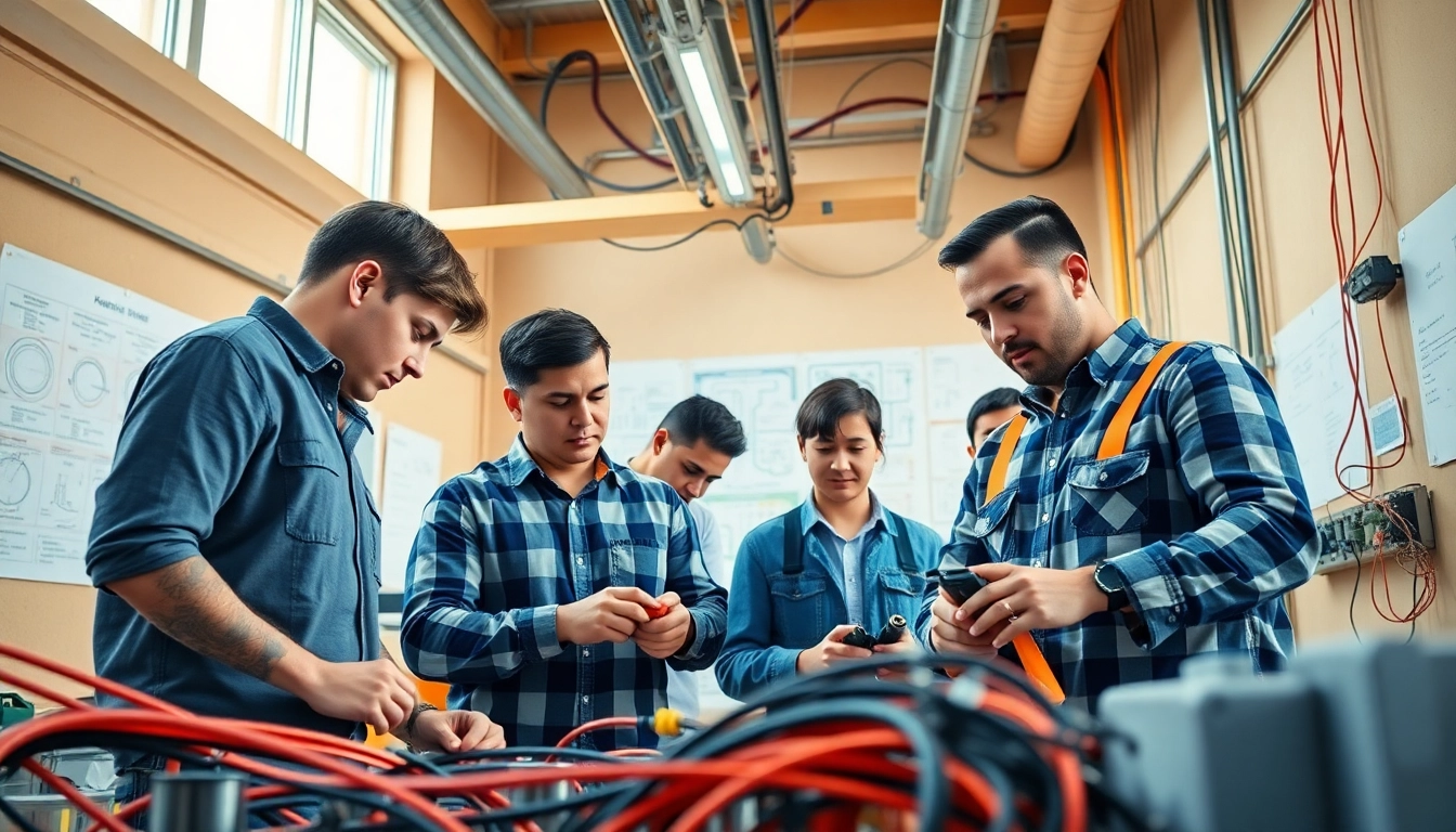 Engaged electricians learning during electrical apprenticeship training in a modern facility.
