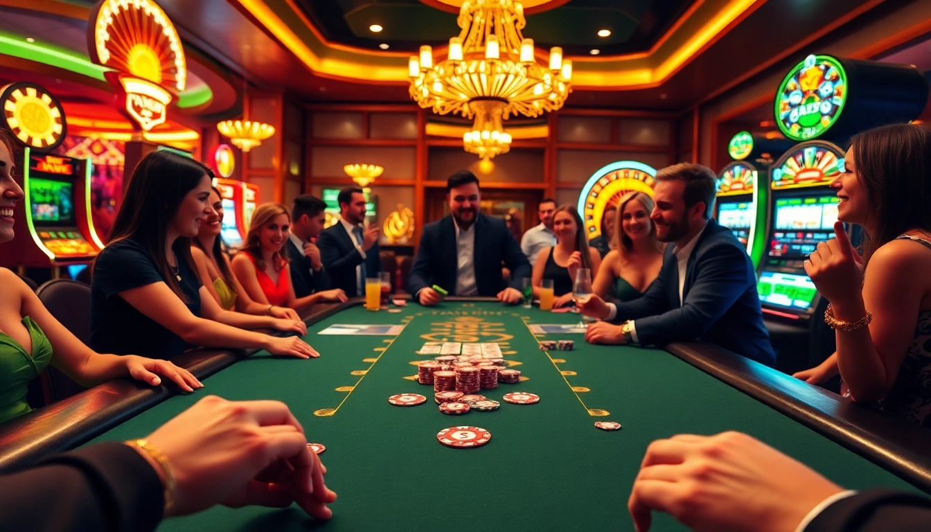 Exciting Haywin poker scene with colorful chips and illuminated slot machines at a luxury casino.