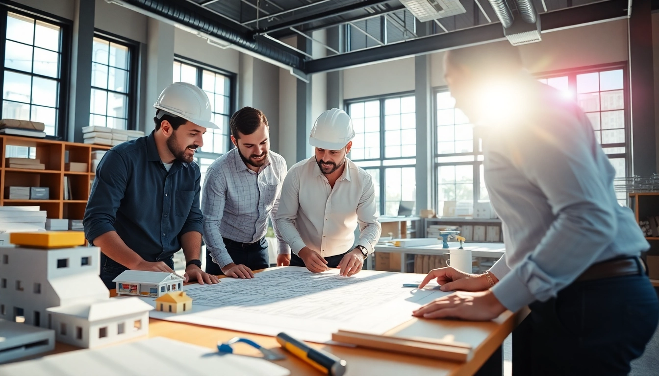 Construction member organization collaborating on blueprints in a bright office.