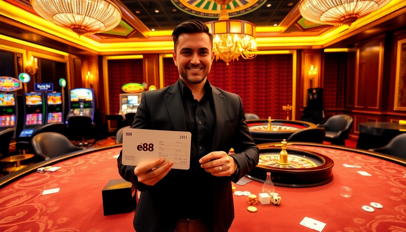 Engaging scene of ee 88 player at a luxury casino table surrounded by poker chips and cards.