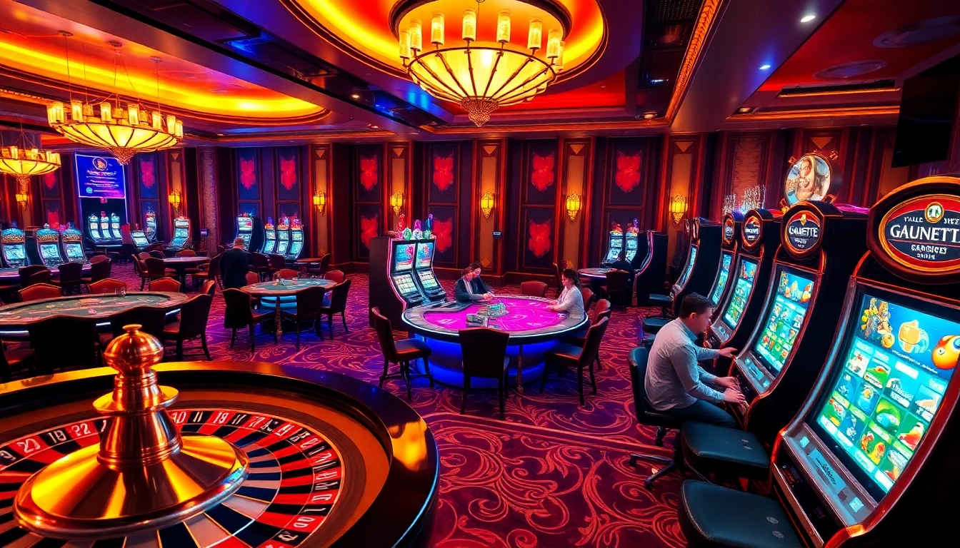 A stunning casino scene featuring the excitement of alo789 chính chủ with players at poker tables.