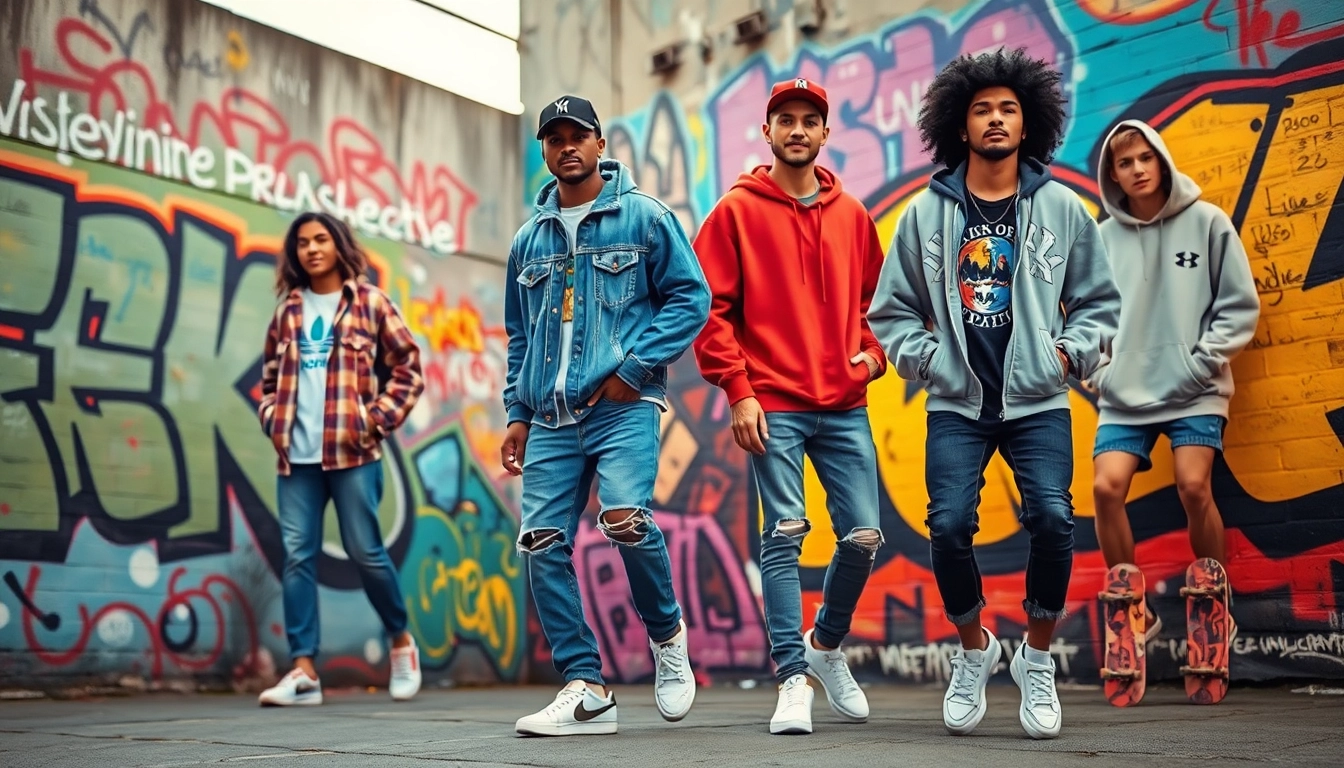 Dynamic urban setting featuring diverse models in trendy streetwear clothing brands.