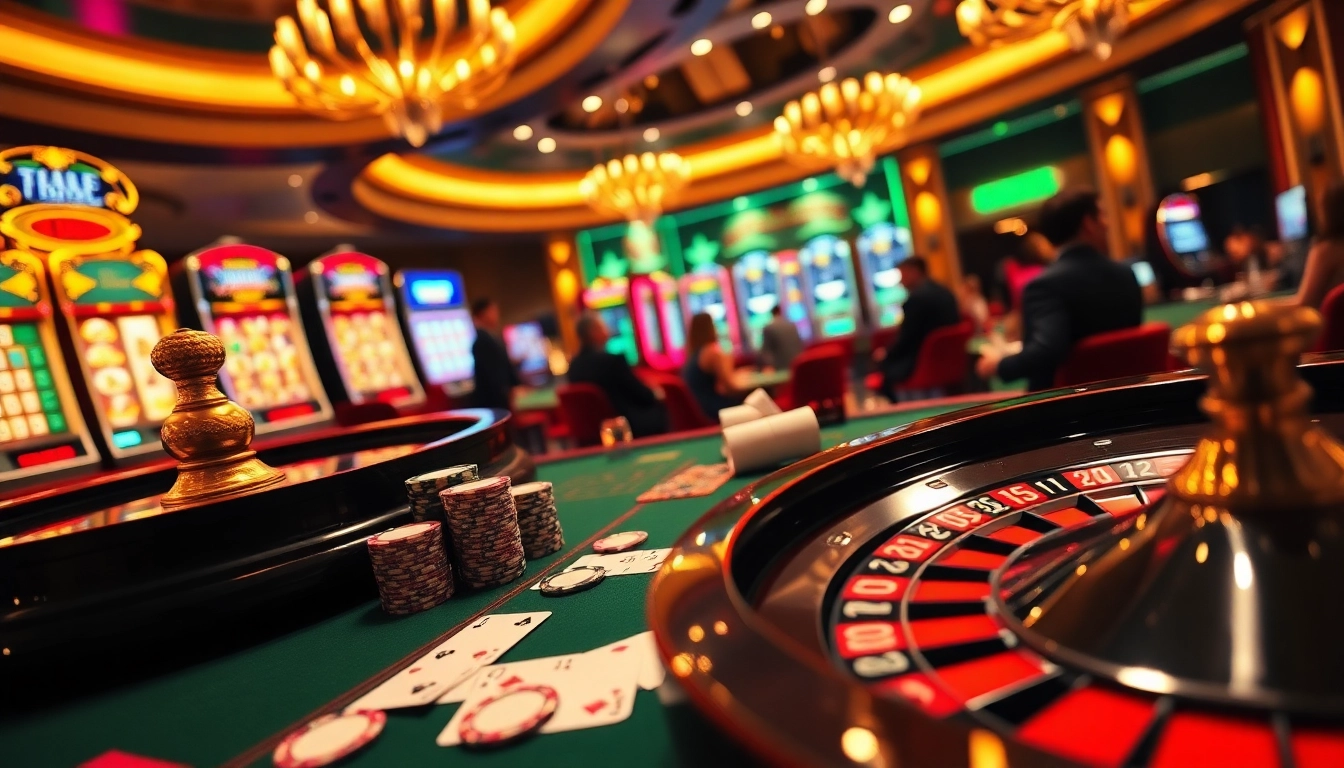 Excited players at an LC88 casino table showcasing high stakes poker and vibrant slot machines.