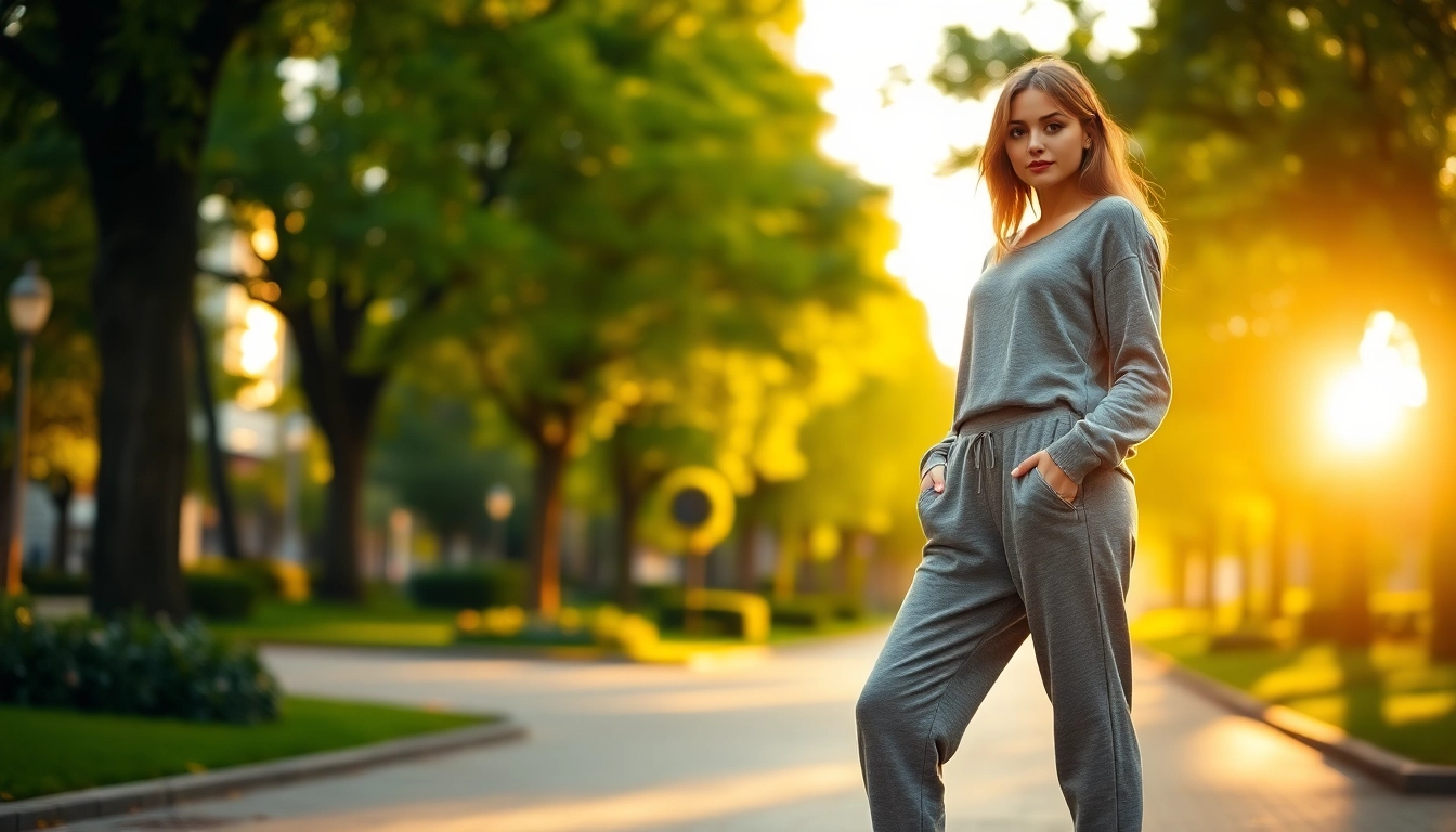A model showcases stylish french terry sweatpants in a sunlit urban park, embodying casual chic.