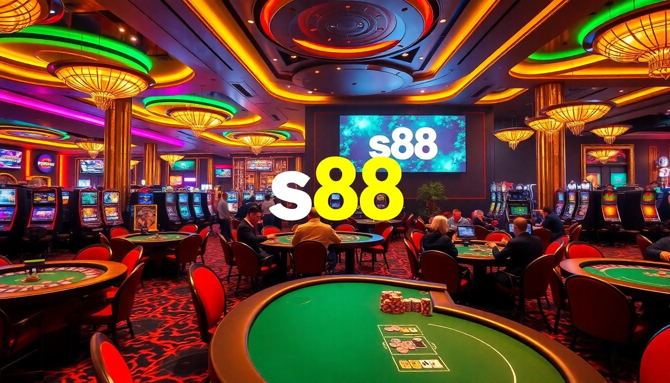 Gambling action with players at a poker table showcasing the keyword s88 amidst a lavish casino setting.