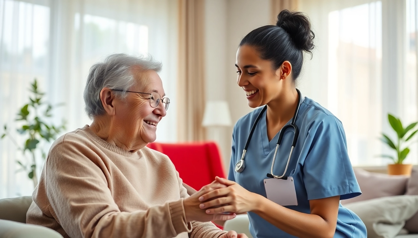 Engaging scene of at home health care, showcasing a nurse providing support to a patient in a warm living space.