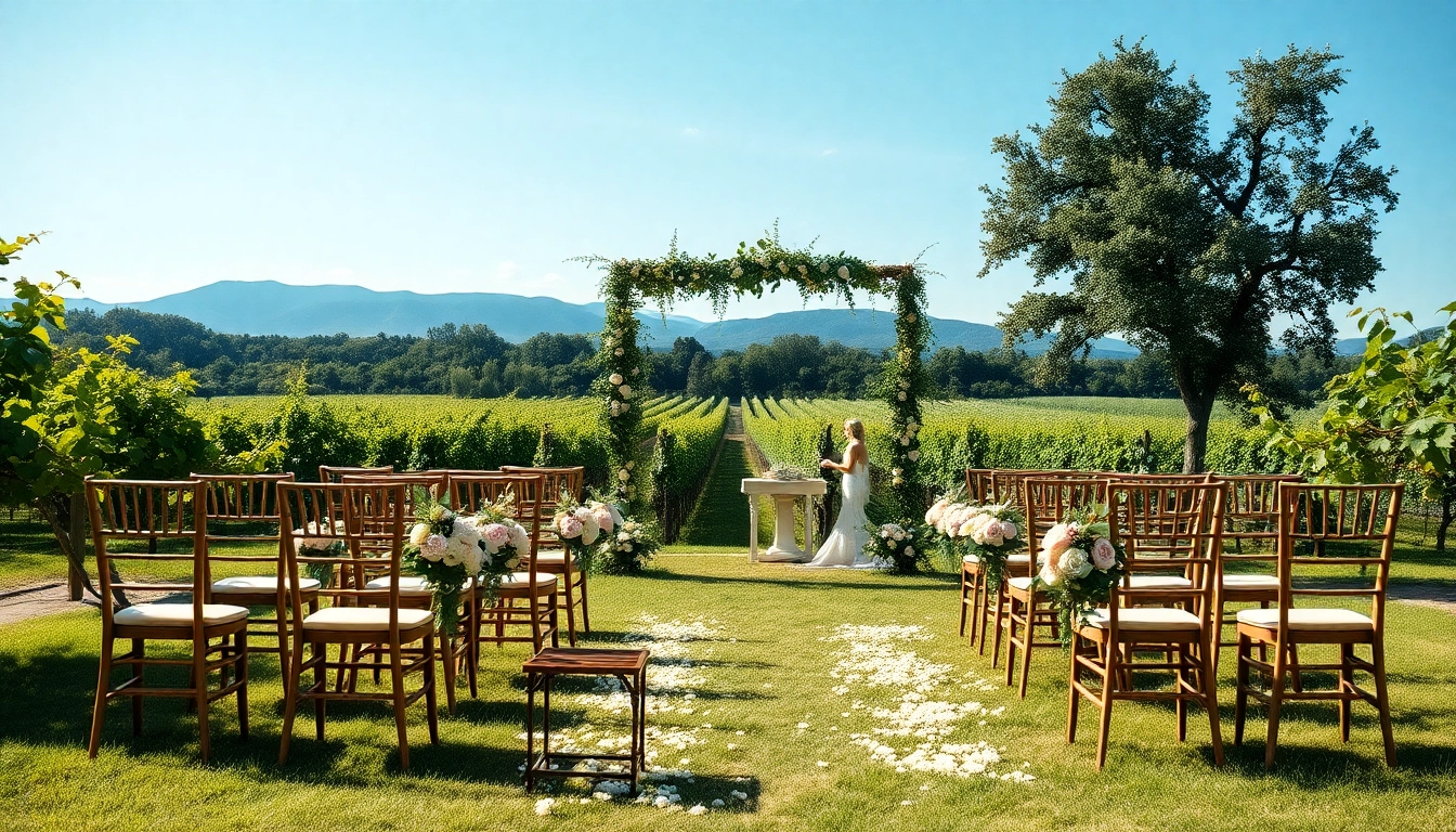 Stunning wedding venues sacramento featuring a decorated vineyard ceremony area amidst lush greenery.