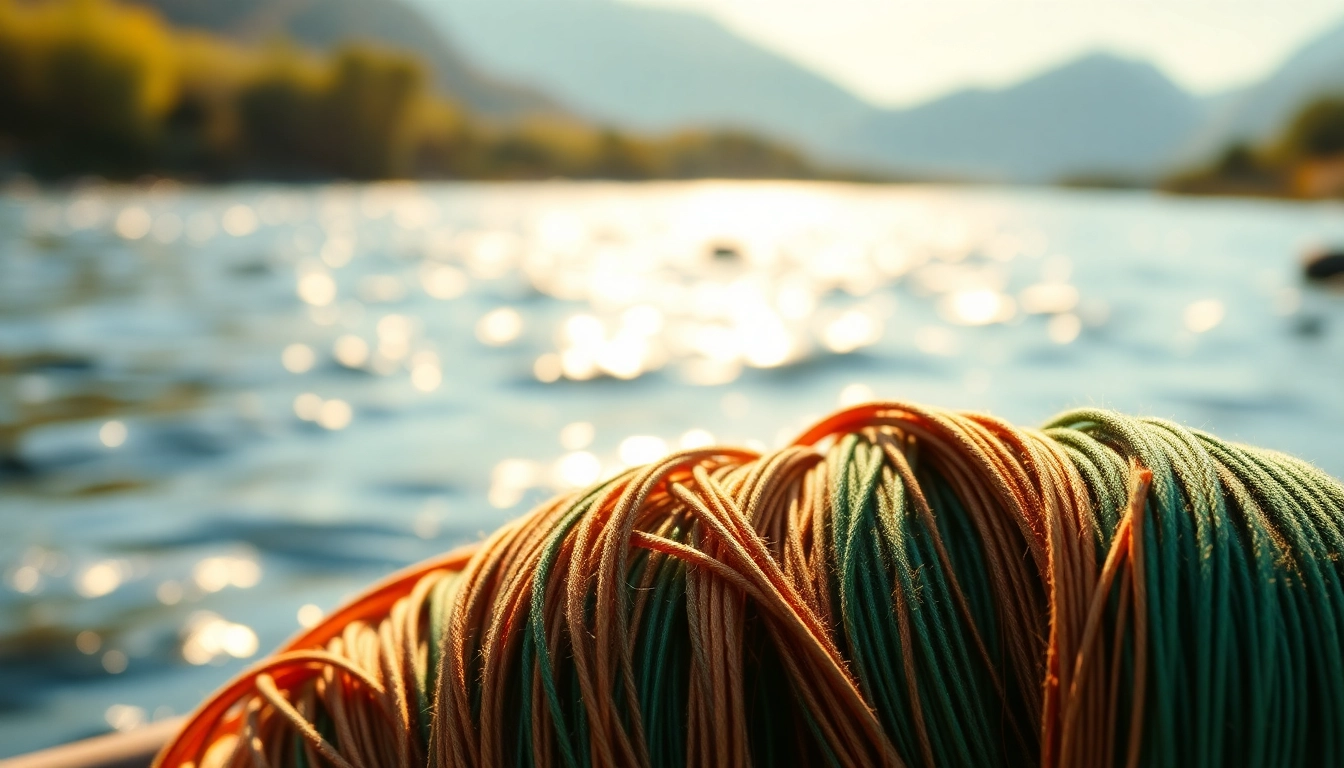 Discovering fly fishing tippet showcased beautifully in a serene river setting under warm sunlight.