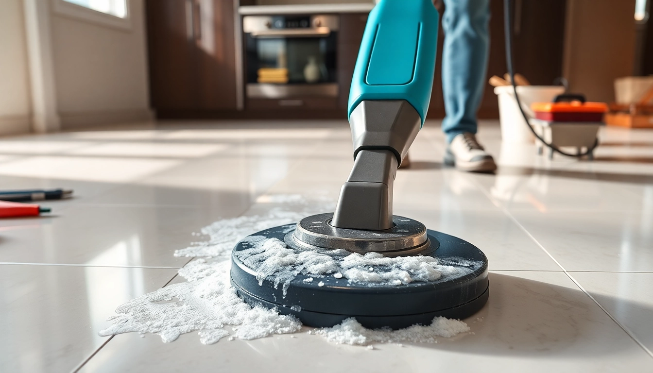Tile cleaners near me providing expert cleaning services in a bright, modern kitchen.