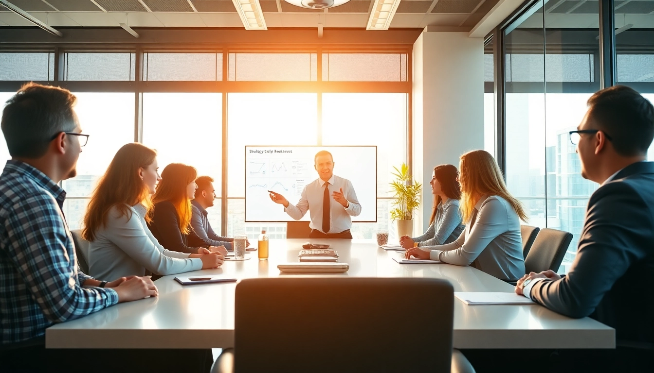 Corporate coach facilitating a strategy session with clients in a modern office.