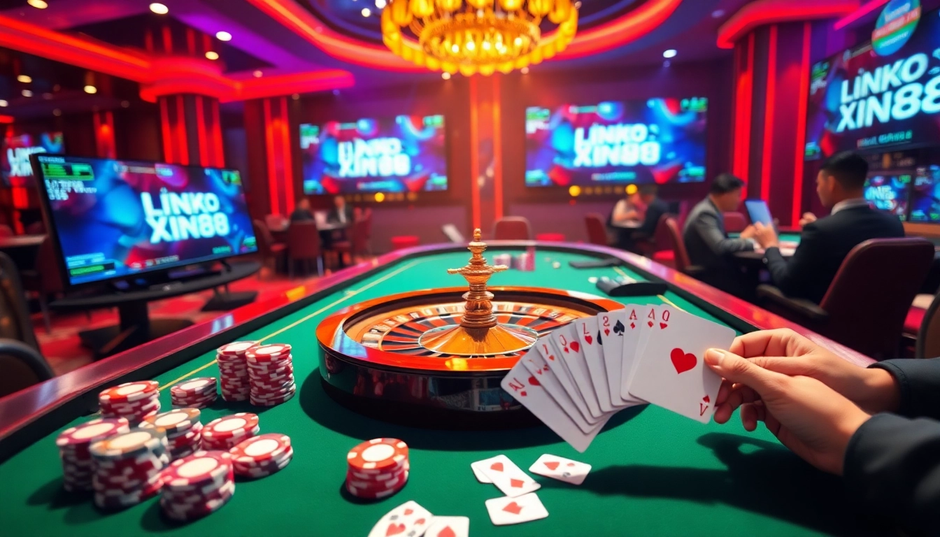 Experience thrilling gambling visuals with Link Vào Xin88 in a luxury casino setting.
